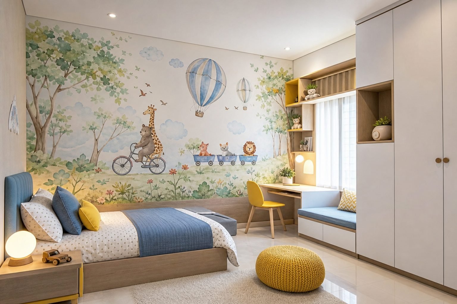Kids room with playful wallpaper mural