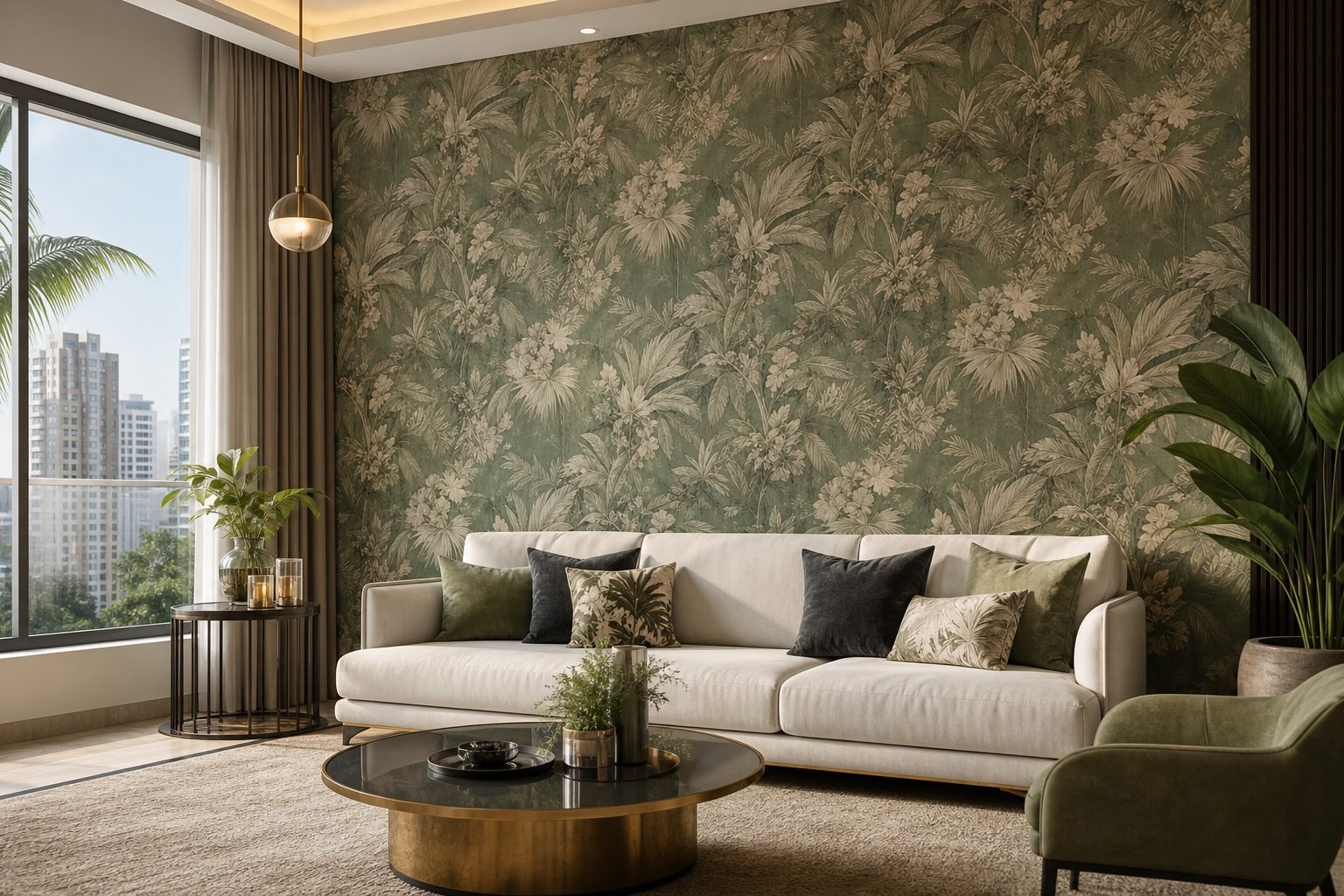 Luxury botanical wallpaper installed in a living room